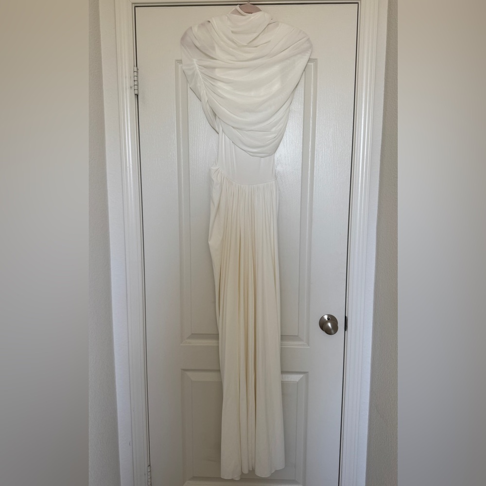 Catherine White Asymmetrical Pleated Maxi Dress